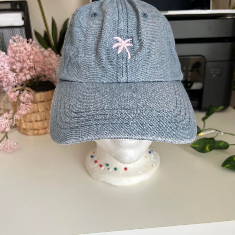 Nissi Caps Blue Denim Pink Palm Tree Embroidered Baseball Cap Hat